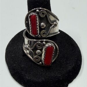 Elegant Red Coral Stone and 925 Sterling Silver Women's Ring